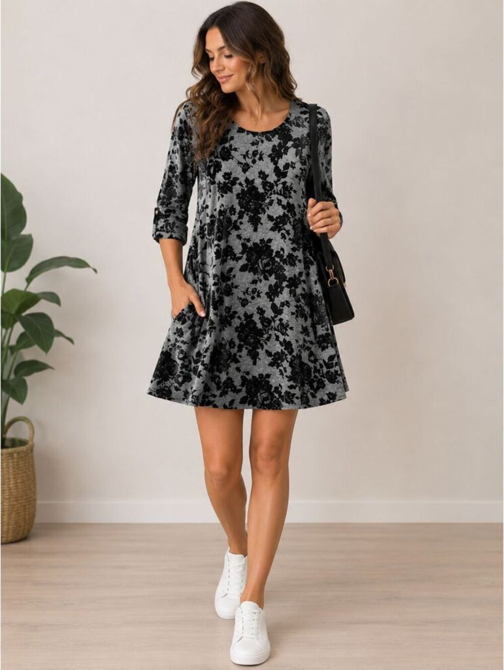 Velvet Burnout Floral Romantic Dress Roll-Tab Sleeve Comfortable Stretch